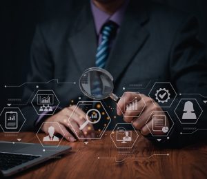 Human Resources Management Magnifier glass to search and select job applicants to work,Development recruitment leadership and job search concept HRM